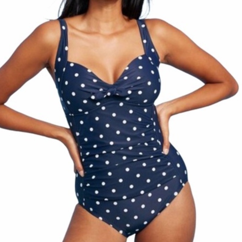 NEW Kona Sol High Coverage One-Piece Swimsuit Navy White Polka Dots Small Pinup